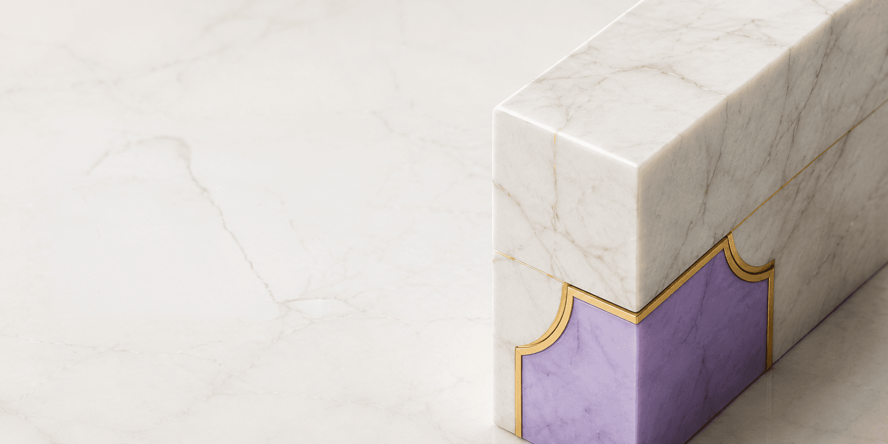 Marble block with lavender + gold corner inlay
