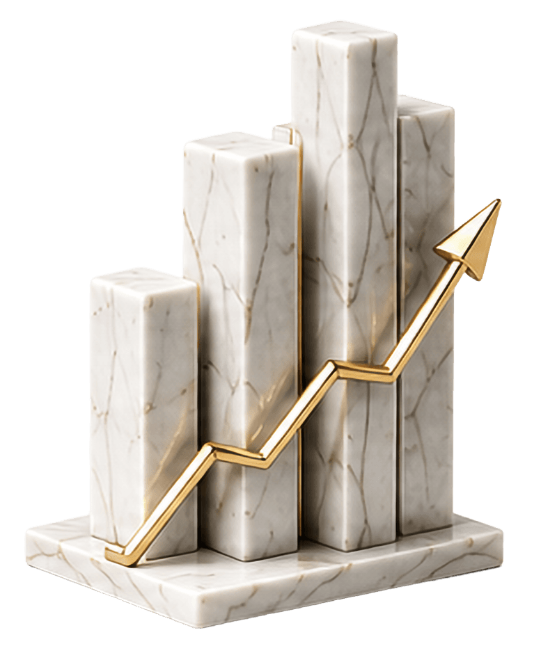 Marble bar chart with growth arrow — Investment & Private Sector